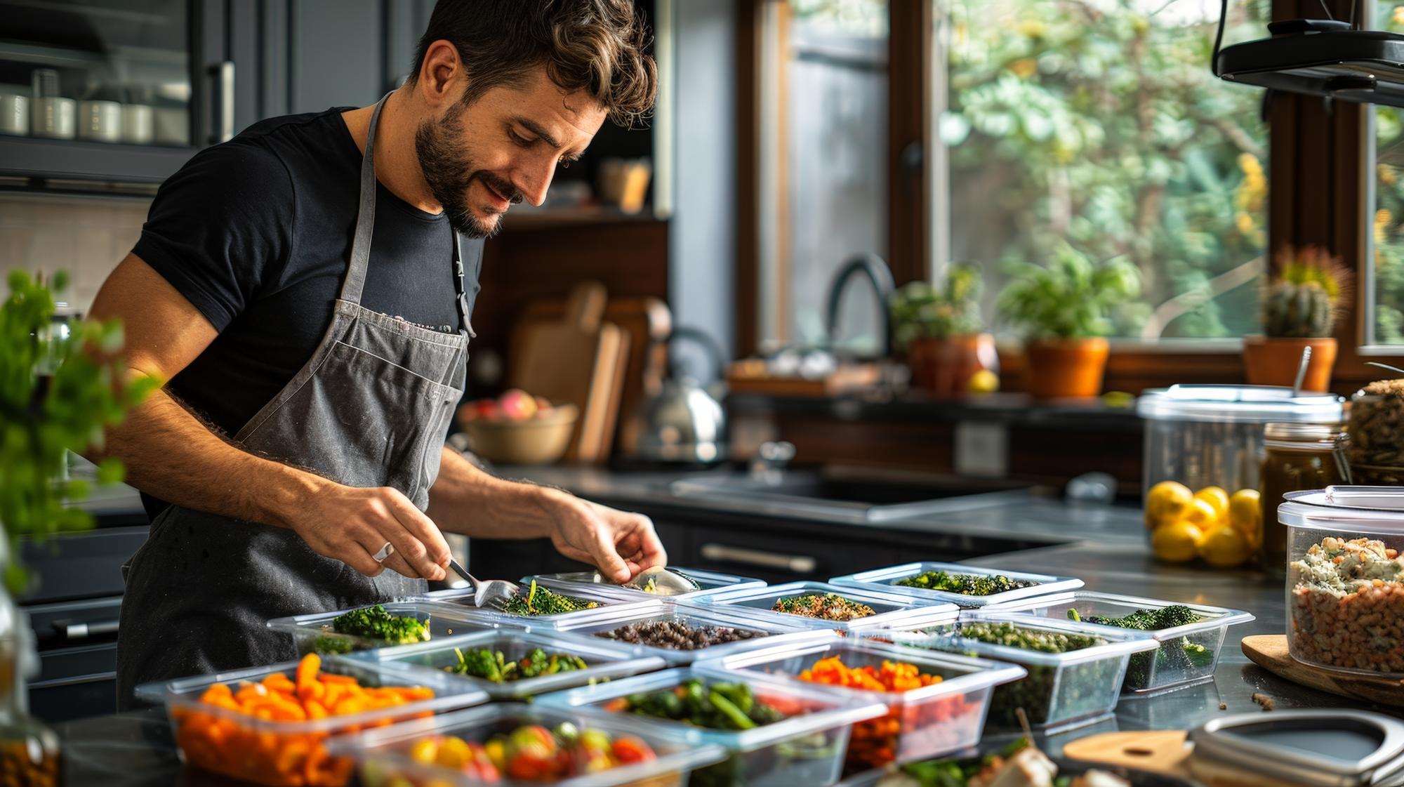 Kitchen chef arranging meal boxes